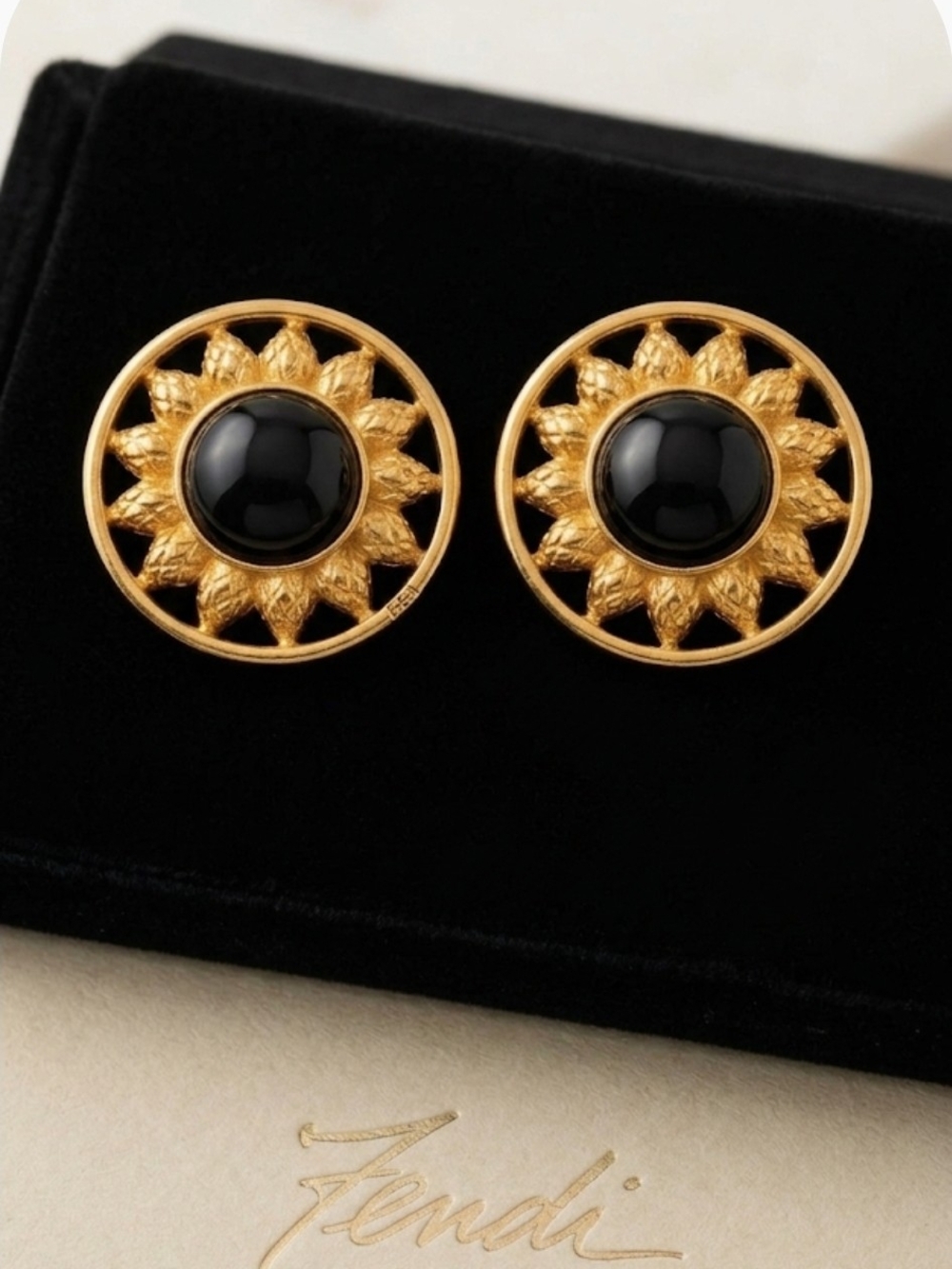 Fendi Gold and Black Sunburst Round Earrings
